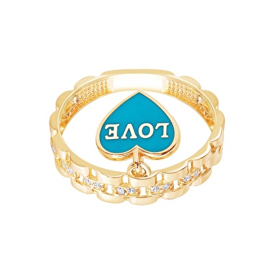 14 Ayar Sarı Altın Mavi Mineli Kalp Yüzük