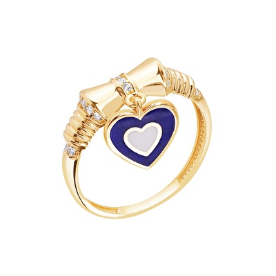 14 Ayar Sarı Altın Mavi Mineli Kalp Yüzük