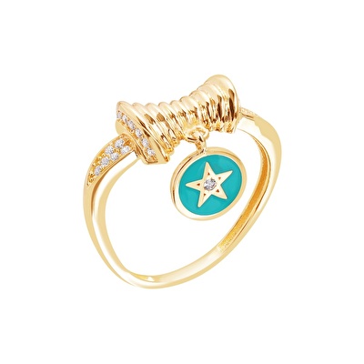 14 Ayar Sarı Altın Mavi Mineli Göz Figürlü Yüzük