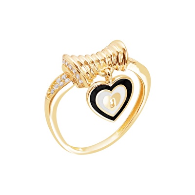 14 Ayar Sarı Altın Siyah Mineli Kalp Yüzük