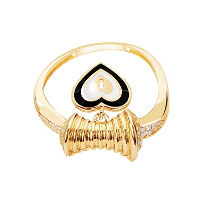 14 Ayar Sarı Altın Siyah Mineli Kalp Yüzük