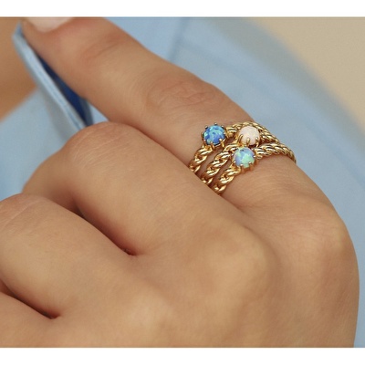 14 Ayar Sarı Altın Mavi Taşlı Burgu Yüzük