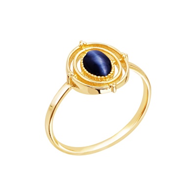 14 Ayar Sarı Altın Mavi Taşlı Yüzük