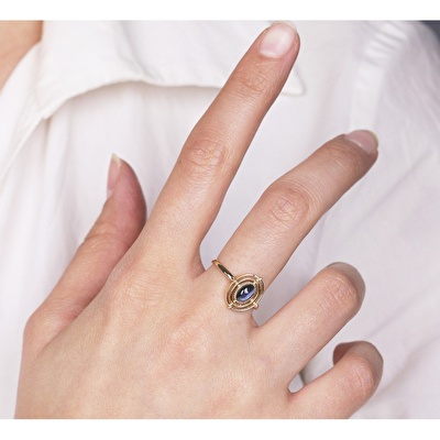 14 Ayar Sarı Altın Mavi Taşlı Yüzük