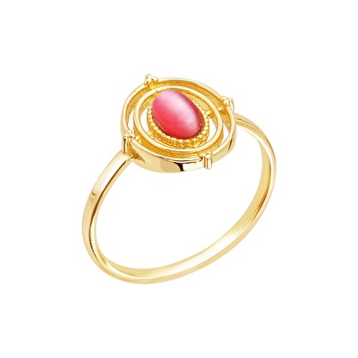 14 Ayar Sarı Altın Pembe Taşlı Yüzük