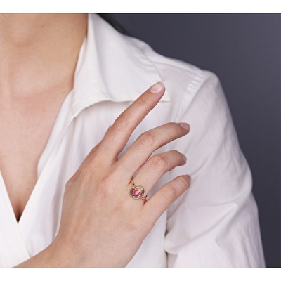 14 Ayar Sarı Altın Pembe Taşlı Yüzük