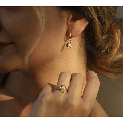 14 Ayar Sarı Altın İnci İstiridye Yüzük