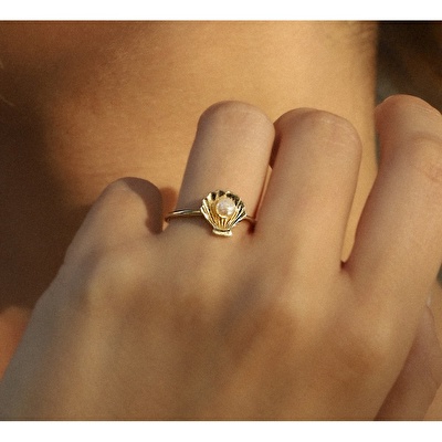 14 Ayar Sarı Altın İnci İstiridye Yüzük