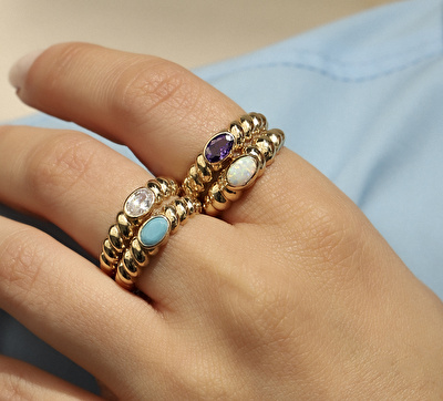 14 Ayar Sarı Altın Mor Taşlı Burgu Yüzük