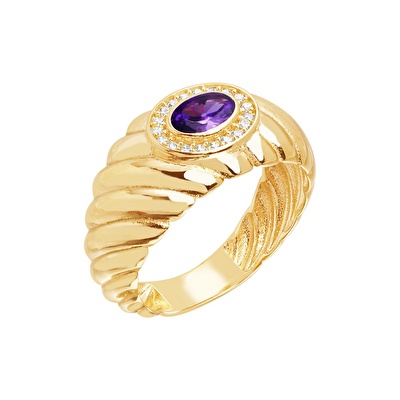 14 Ayar Sarı Altın Mor Taşlı Burgu Yüzük
