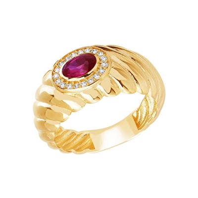 14 Ayar Sarı Altın Pembe Taşlı Yüzük