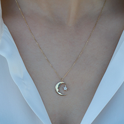 14 Ayar Sarı Altın Ayyıldız Figürlü Kolye