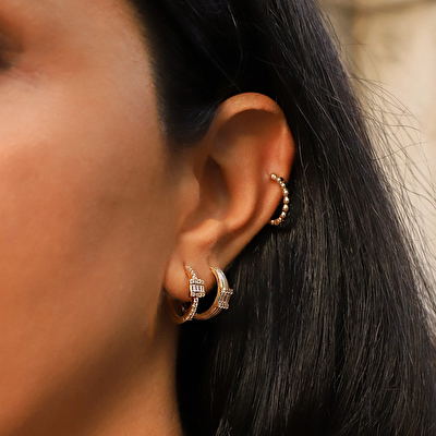 14 Ayar Sarı Altın Taşlı Halka Küpe