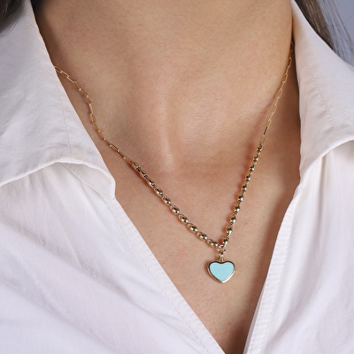 14 Ayar Sarı Altın Mavi Mineli Kalp Kolye