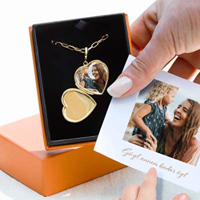 14 Ayar Sarı Altın Kalp Fotoğraflı Kolye Ucu