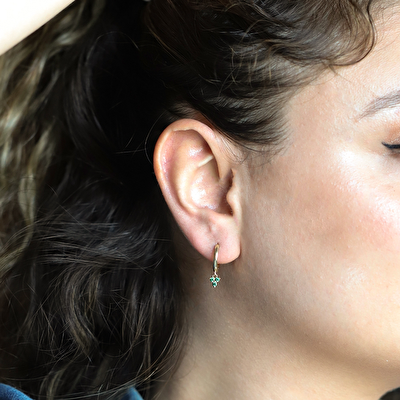 14 Ayar Sarı Altın Yeşil Taşlı Küpe