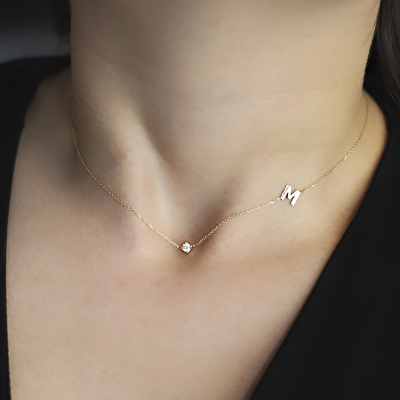 14 Ayar Sarı Altın Taşlı Harf Kolye