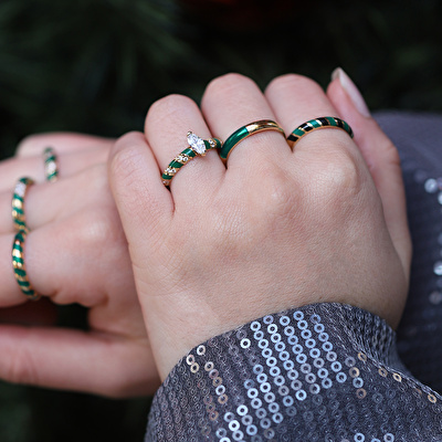 14 Ayar Sarı Altın Yeşil Mineli Yüzük