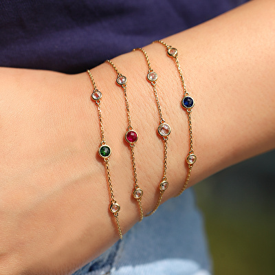 14 Ayar Sarı Altın Kırmızı Taşlı Bileklik