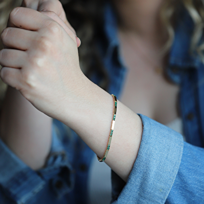 14 Ayar Sarı Altın Yeşil Taşlı Bileklik