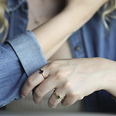 14 Ayar Sarı Altın Mavi Taşlı Yüzük