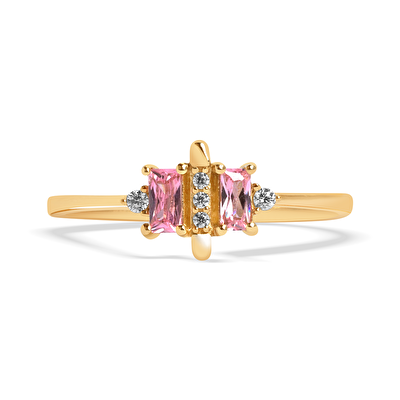 14 Ayar Sarı Altın Pembe Taşlı Yüzük