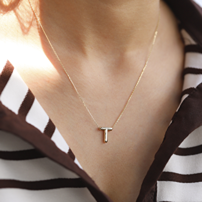 14 Ayar Sarı Altın T Harf Kolye