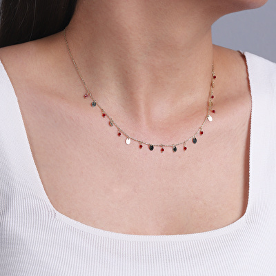 14 Ayar Sarı Altın Kırmızı Taşlı Kolye