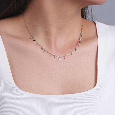 14 Ayar Sarı Altın Mavi Taşlı Kolye