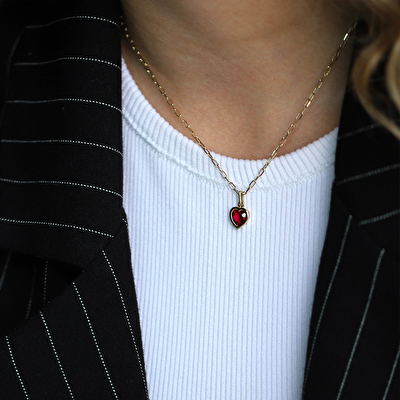 14 Ayar Sarı Altın Kırmızı Taşlı Kalp Kolye