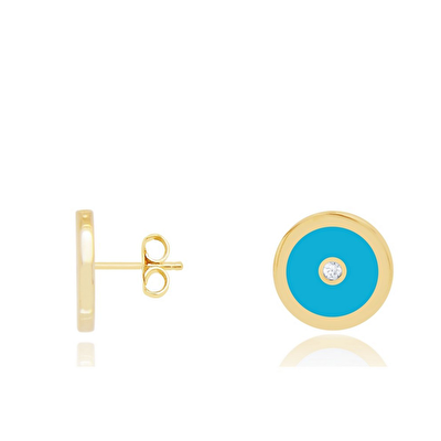 14 Ayar Sarı Altın Mavi Mineli Küpe