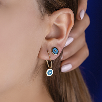 14 Ayar Sarı Altın Mavi Mineli Küpe