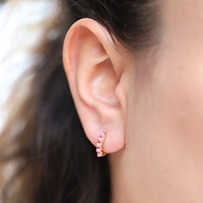 14 Ayar Sarı Altın Pembe Taşlı Küpe