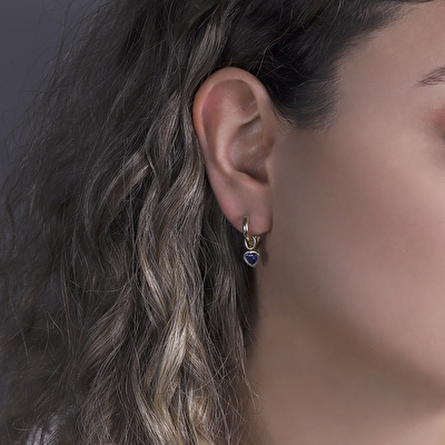 14 Ayar Sarı Altın Mavi Taşlı Kalp Küpe