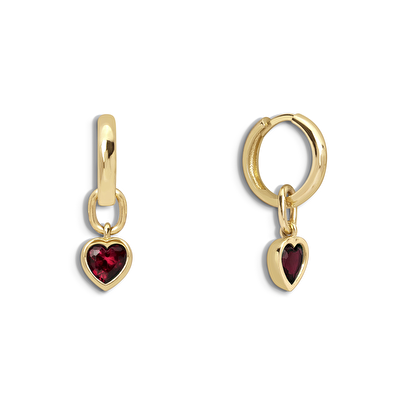 14 Ayar Sarı Altın Kırmızı Taşlı Kalp Küpe