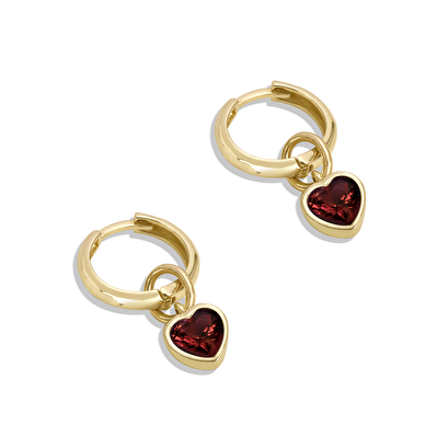 14 Ayar Sarı Altın Kırmızı Taşlı Kalp Küpe