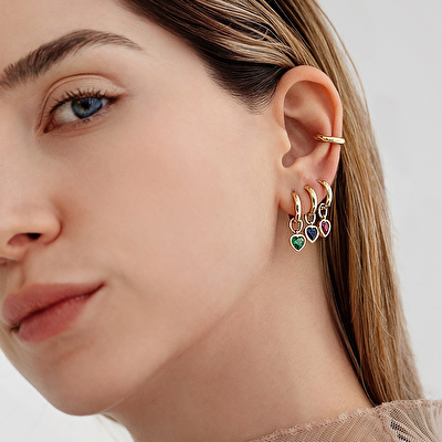 14 Ayar Sarı Altın Kırmızı Taşlı Kalp Küpe