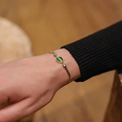 14 Ayar Sarı Altın Yeşil Taşlı Bileklik