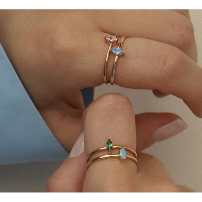 14 Ayar Sarı Altın Mavi Taşlı Yüzük