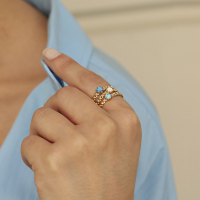 14 Ayar Sarı Altın Mavi Taşlı Burgu Yüzük