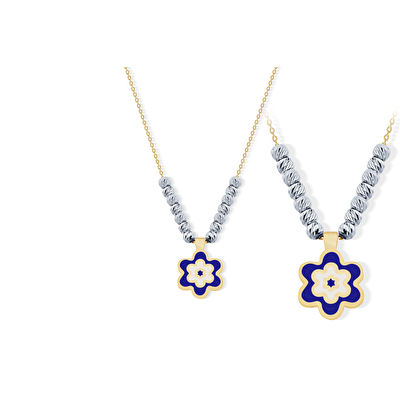 14 Ayar Sarı-Beyaz Altın Mavi Mineli Çiçek Kolye
