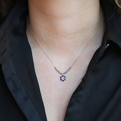 14 Ayar Sarı-Beyaz Altın Mavi Mineli Çiçek Kolye